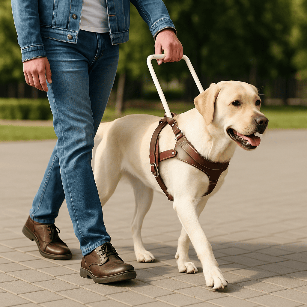 Labrador sendo treinado como cão-guia, caminhando com instrutor em área externa
