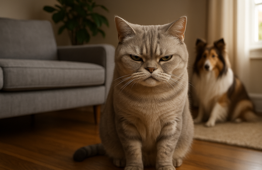 Gato chateado sentado olhando para a câmera - imagem para post do GuiaPet sobre comportamento felino